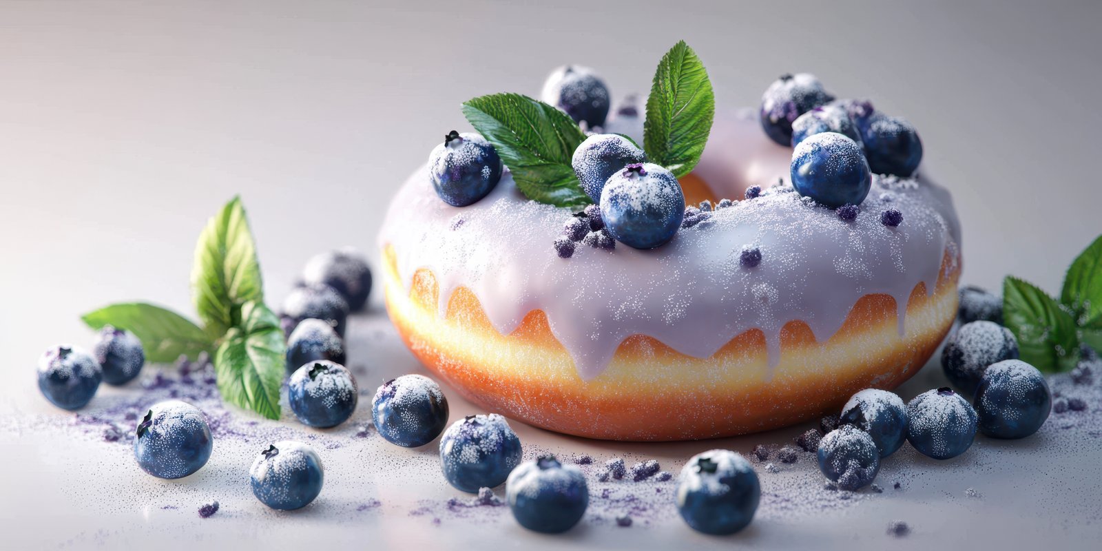 Freshly decorated donut with blueberry topping and mint leaves on a light background